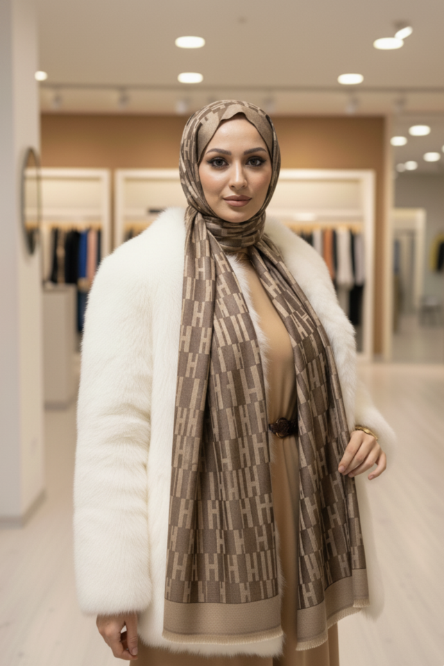 H DESEN KAŞMİR İPEK ŞAL - KAHVERENGİ