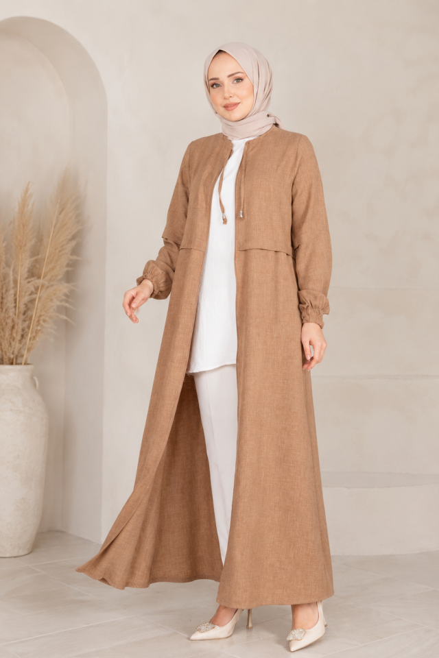 Boydan Fermuarlı Tesettür Ferace Camel