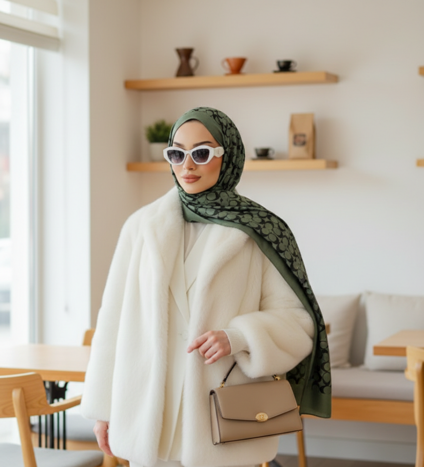 C Desen Çift Taraflı Jakar Şal - Yeşil