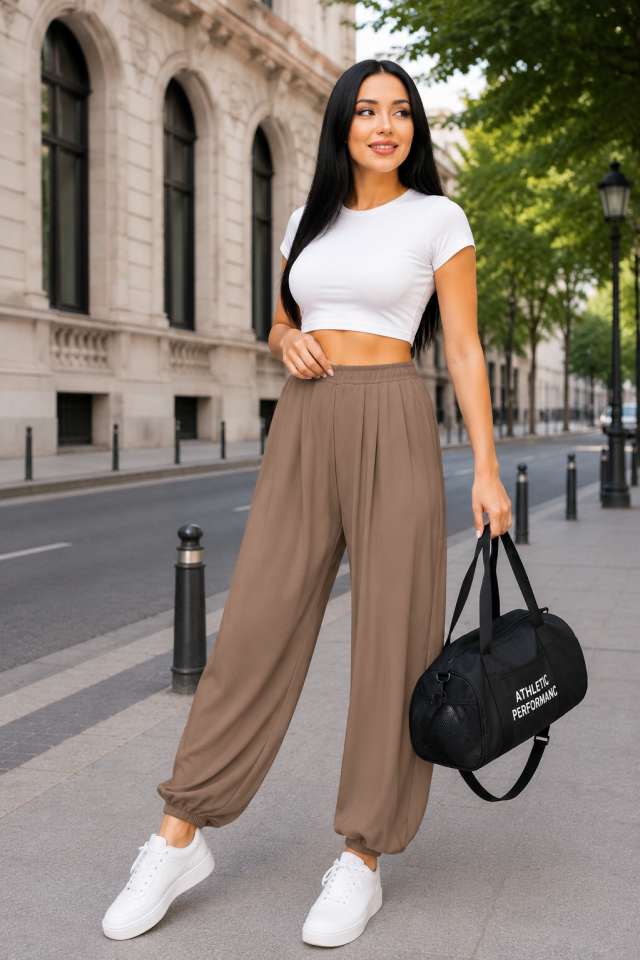 Paçası Lastikli Rahat Kalıp Şalvar Pantolon Camel