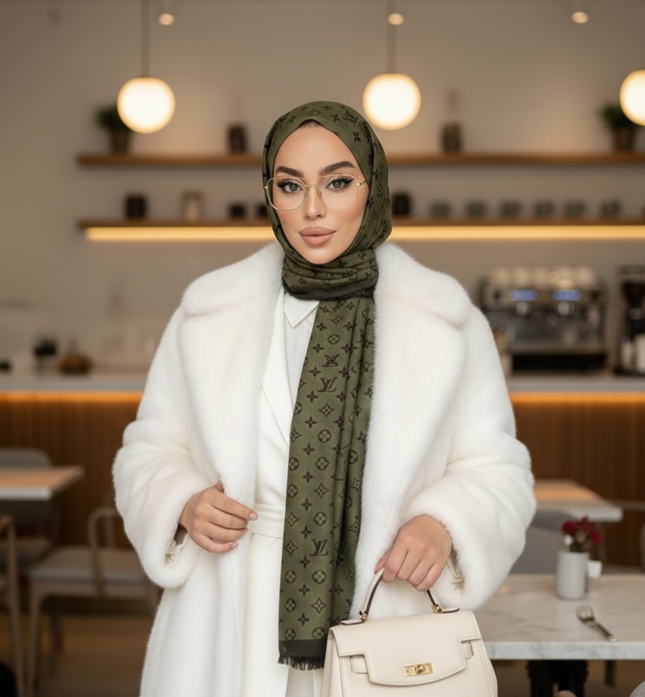 Lv Desen Çift Taraflı Jakar Şal - Yeşil