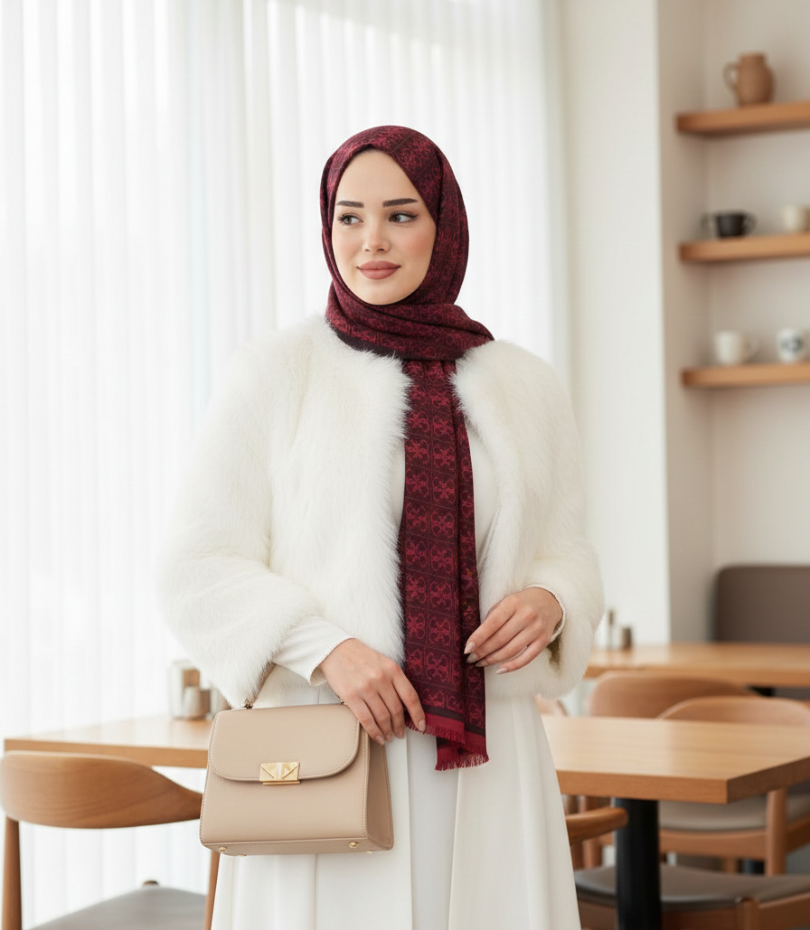 Gue Desen Çift Taraflı Jakar Şal - Bordo