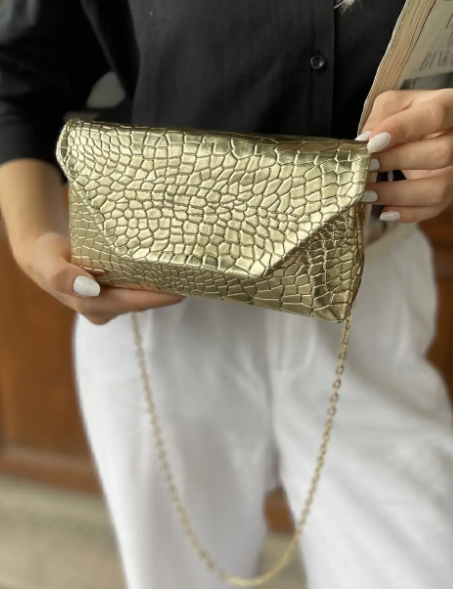 Altın Sarısı Croco Desen Zincirli Çanta