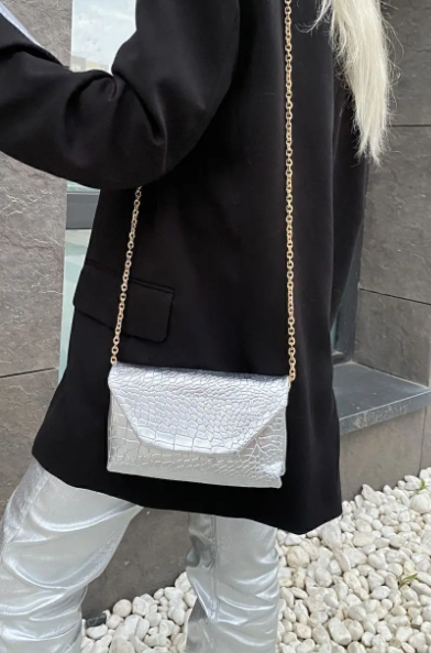 Gümüş Croco Desen Zincirli Çanta