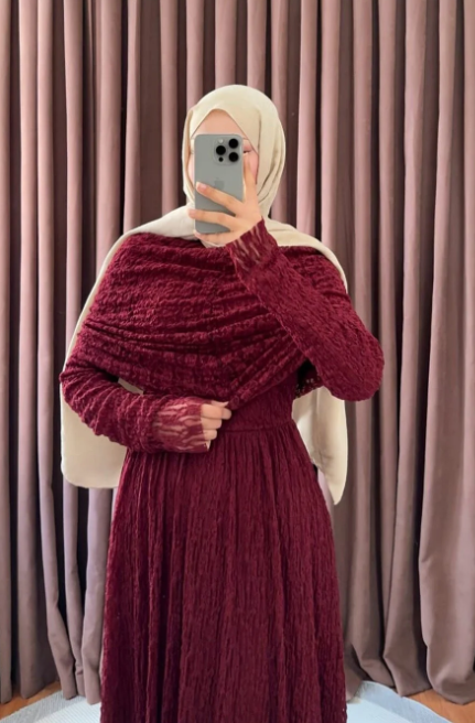 Bordo  Omuz Drapeli Dantel Omuz Elbise