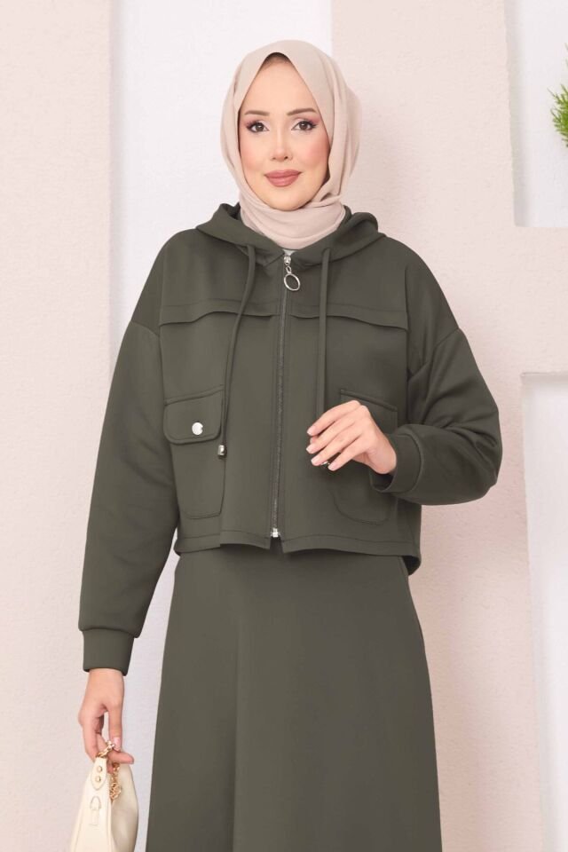 Fermuarlı Kapüşonlu Crop Etek Tesettür Takım Haki