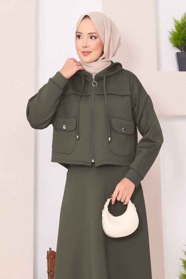 Fermuarlı Kapüşonlu Crop Etek Tesettür Takım Haki