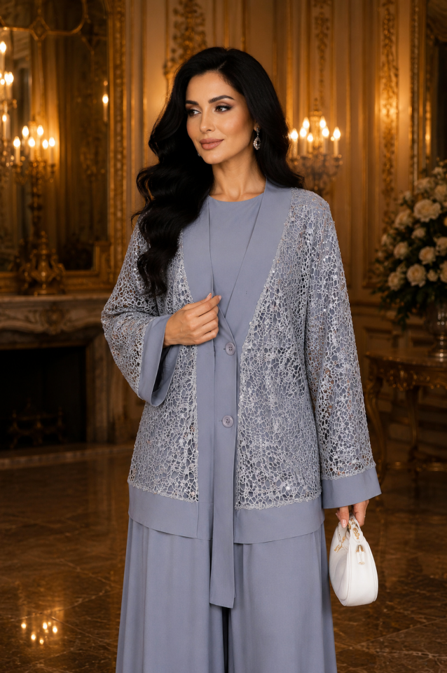 Pul Payetli Ajurlu Üçlü Takım Gri