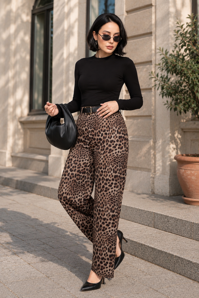 Beli Lastikli Leopar Desen Pantolon
