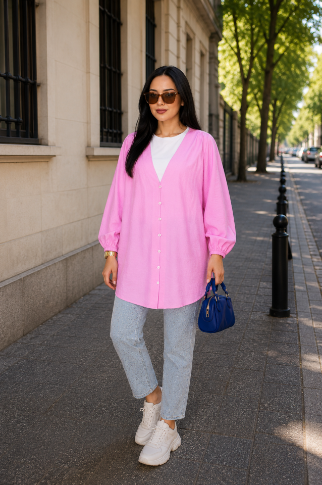 Önden Düğmeli Kimono Gömlek  Pembe