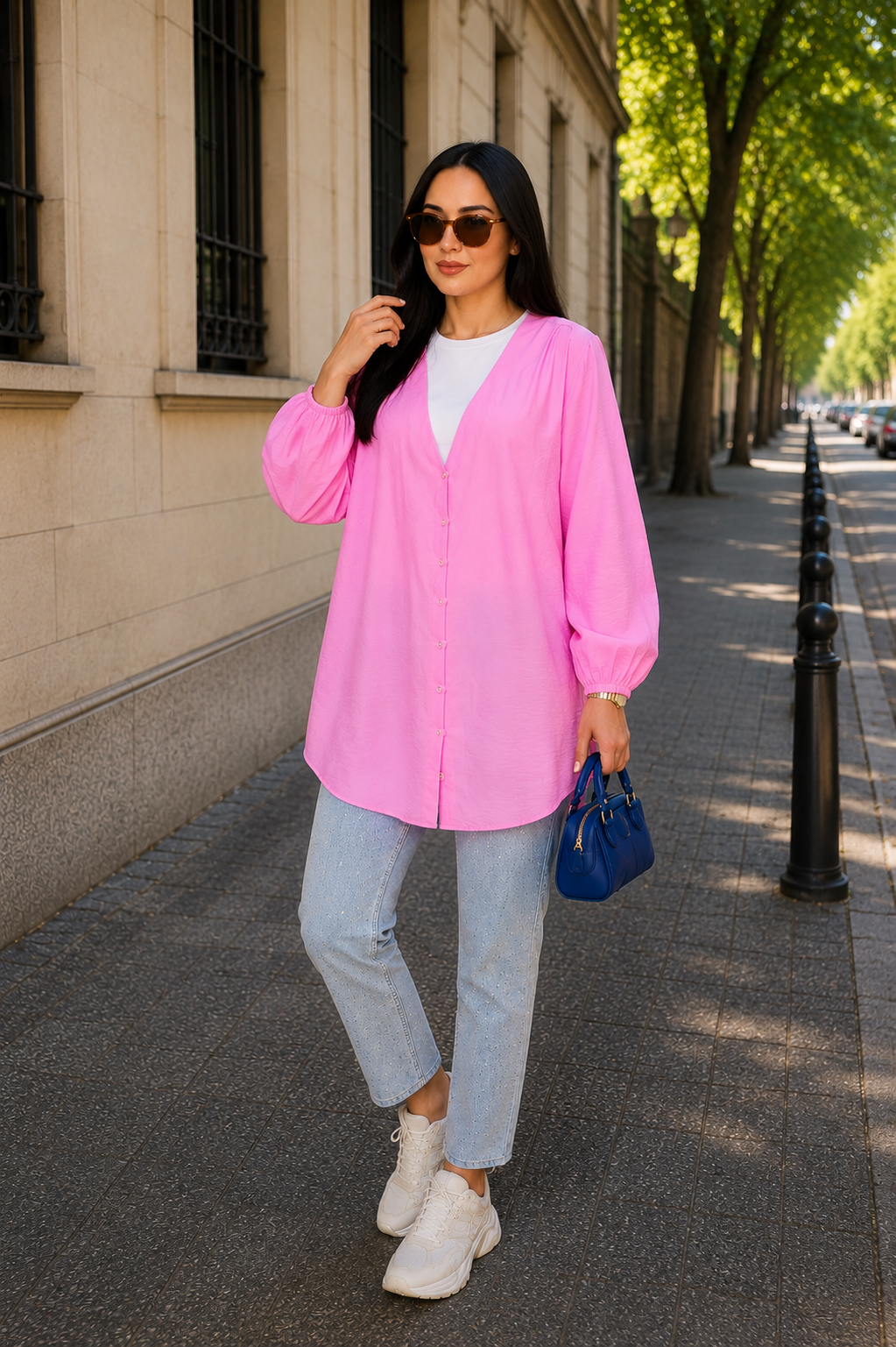 Önden Düğmeli Kimono Gömlek  Pembe