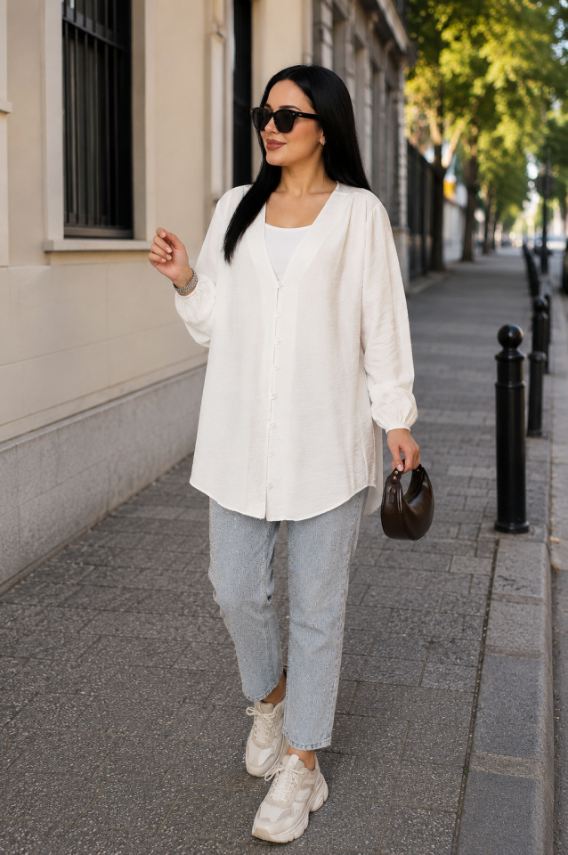 Önden Düğmeli Kimono Gömlek  Beyaz