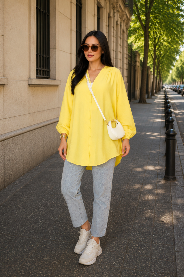 Önden Düğmeli Kimono Gömlek  Sarı