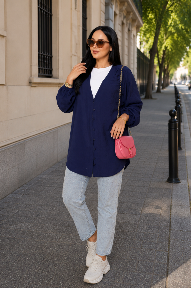 Önden Düğmeli Kimono Gömlek Lacivert