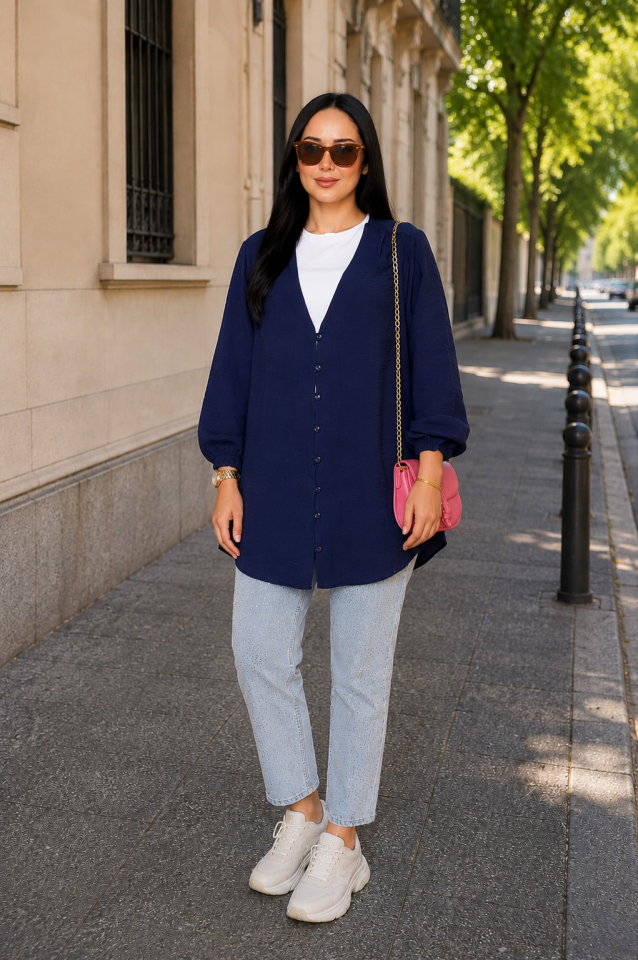 Önden Düğmeli Kimono Gömlek Lacivert