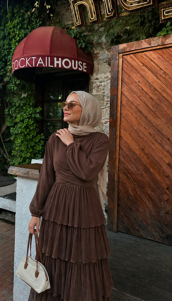 Yeni Sezon Kat Kat Elbise Tül Jan Jan Şifon Astarlı - Kahverengi
