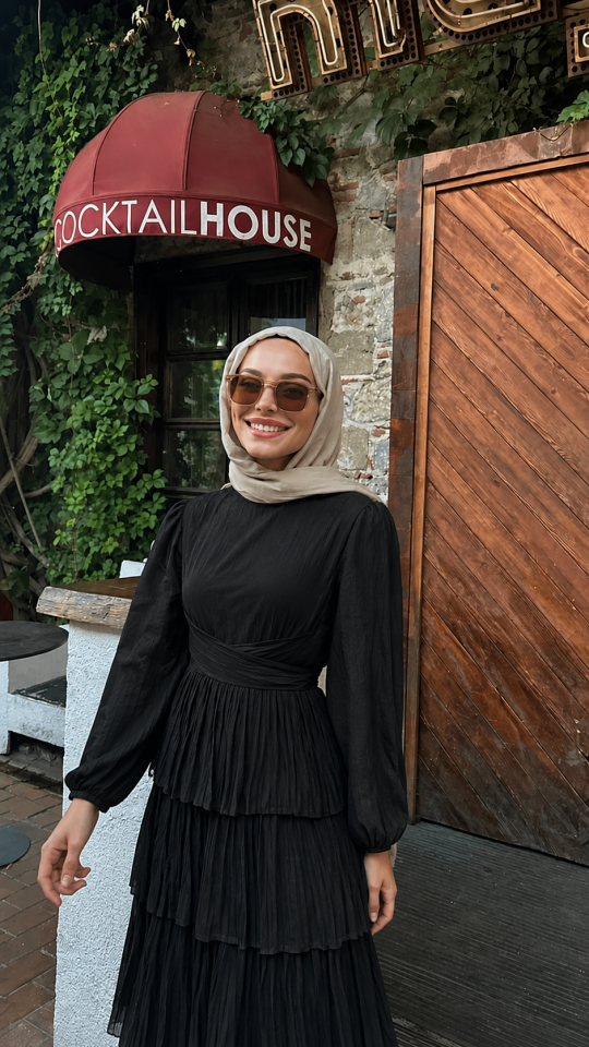 Yeni Sezon Kat Kat Elbise Tül Jan Jan Şifon Astarlı - Siyah