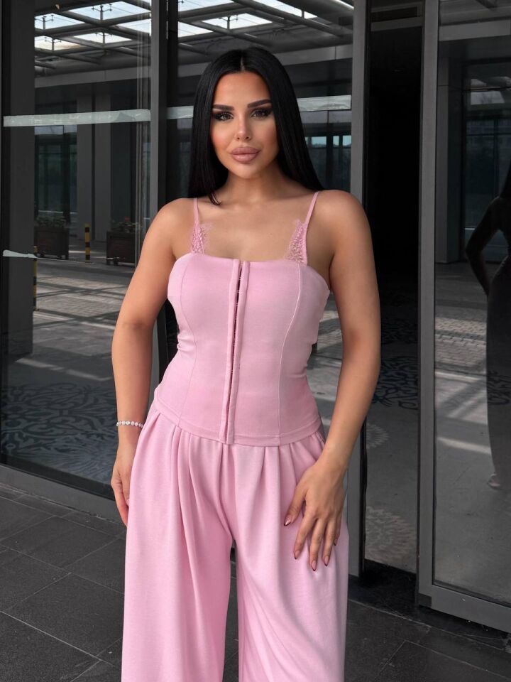 Dantel Detay Kopçalı Takım - Pembe